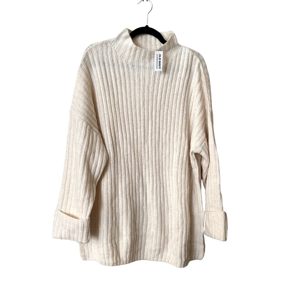 NWT Old Navy Mock Neck Oversized Tunic Length Soft Ribbed Sweater, ivory cream